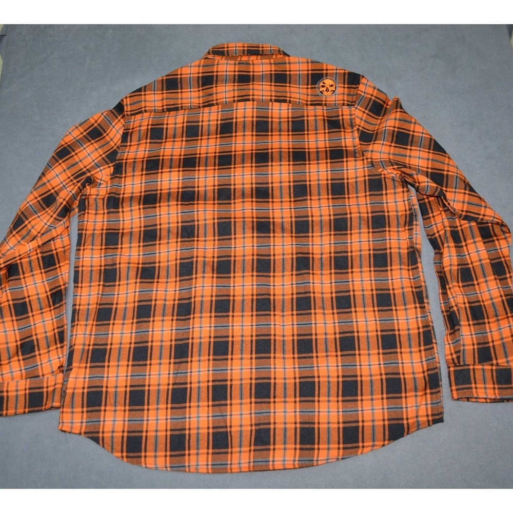 Demons Behind Me Flannel Button Up Shirt 3XLT Orange Black Plaid Skull Patch New - Picture 9 of 12